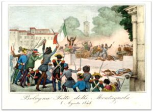 Bologna. Fatto della Montagnola, 8 Agosto 1848 - Incisione all'acquaforte acquerellata. Biblioteca dell’Archiginnasio